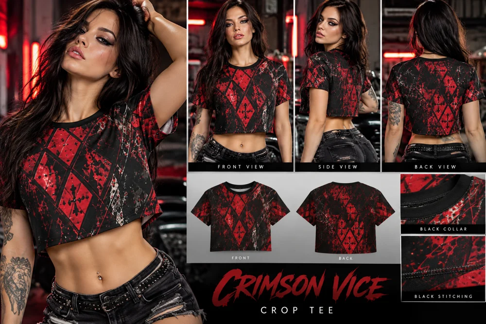 CRIMSON VICE | Rebel Crop Tee Women's All-Over Print Cropped T-Shirt | Cyberdelia Skunkworks