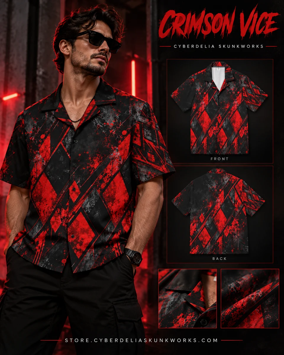 CRIMSON VICE | Riot Protocol Button-Up Men's All-Over Print Short-Sleeve Shirt | Cyberdelia Skunkworks
